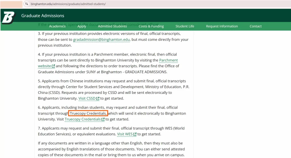 Binghamton University State University of New York transcripts