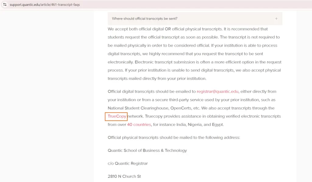Quantic School of Business and Technology transcript request