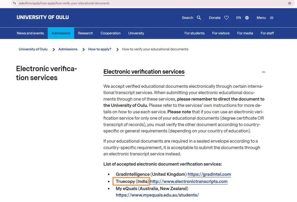 University of Oulu transcripts request